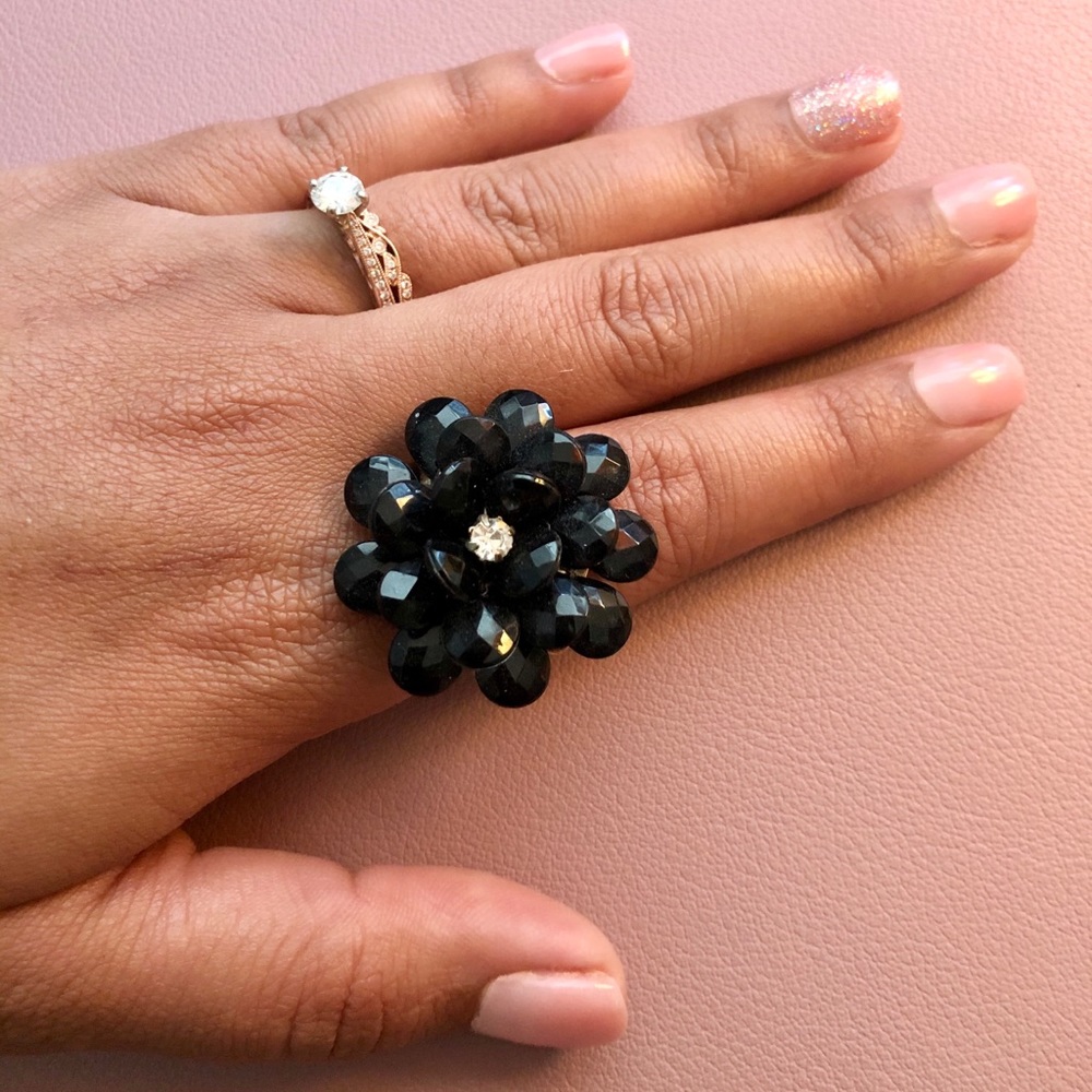 Black Adjustable Statement Flower Ring - image 1